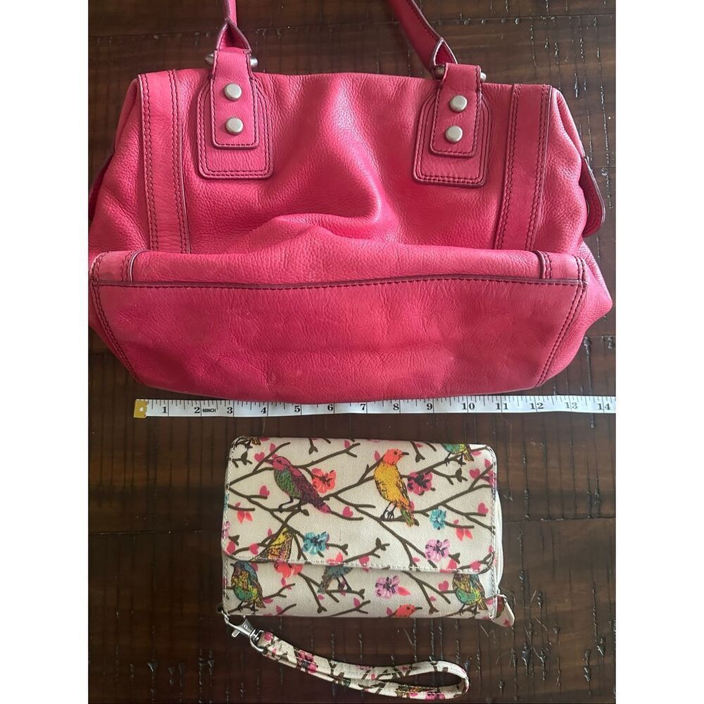 Vintage fossil pink leather satchel tote wallet birds Marlow - Picture 13 of 16